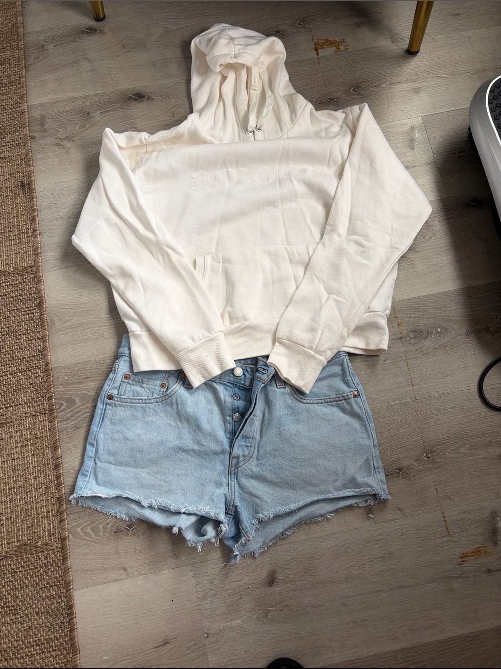 Levi's Light Blue Denim Cutoff Shorts with Cream Hoodie